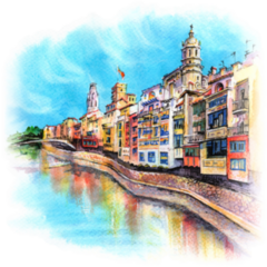 Watercolor Of Famous Houses Overlooking River Onyar,, Spain Sticker