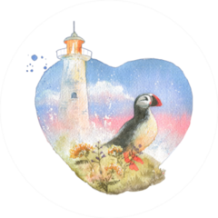 Watercolor Painted Postcard Lighthouse And Bird Puffin Sticker