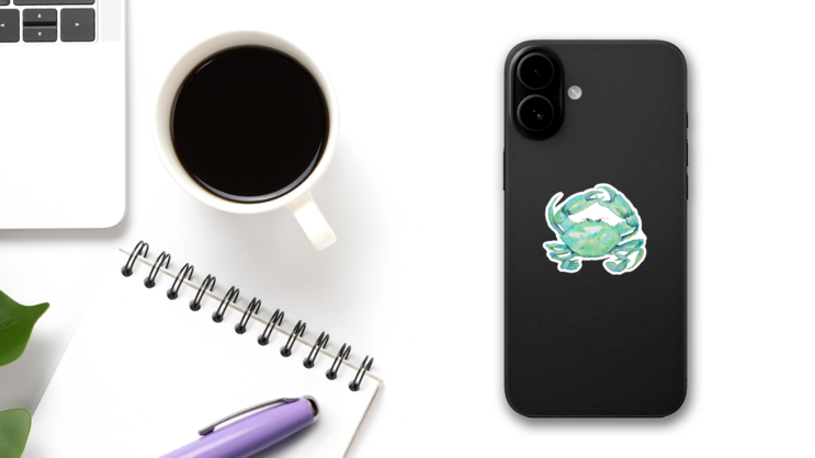 Watercolor Painting Of Blue Green Crab Sticker on a Phone (New) example