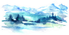 Watercolor Picture Of Mountains, Forest With Pine Trees Sticker