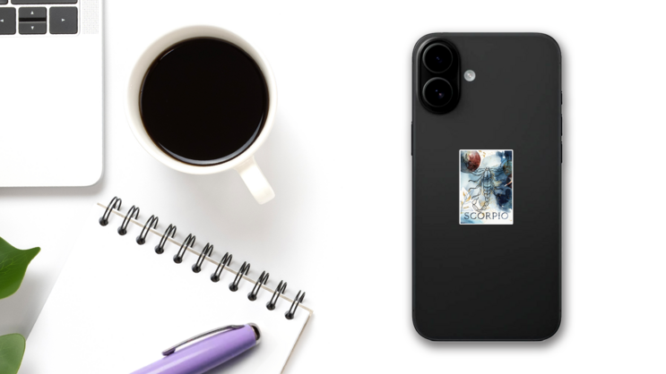 Watercolor Poster Of Zodiac Sign Scorpio Art Sticker on a Phone (New) example