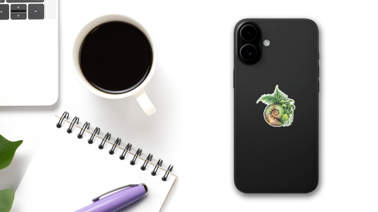 Watercolor Prehistoric Seashell Sticker on a Phone (New) example