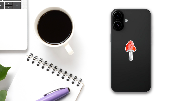 Watercolor Red Amanita Mushroom Sticker on a Phone (New) example