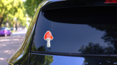 Watercolor Red Amanita Mushroom Sticker on a Rear Car Window (New) example
