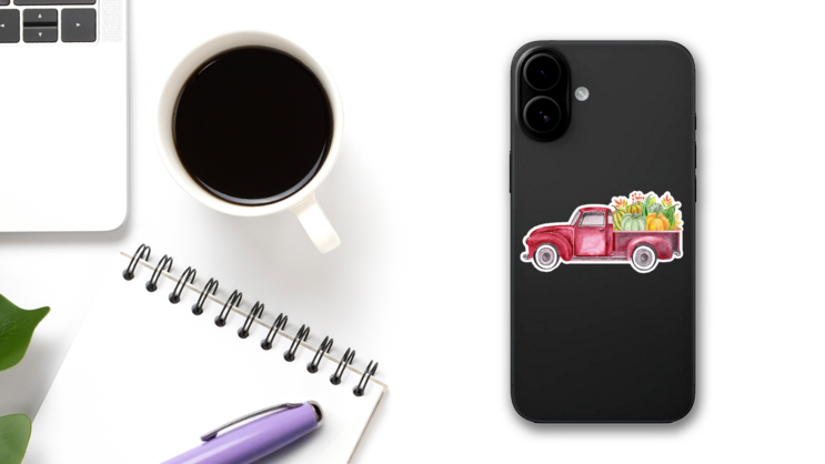 Watercolor Retro Truck With Harvest Pumpkin Vegetables Sticker on a Phone (New) example