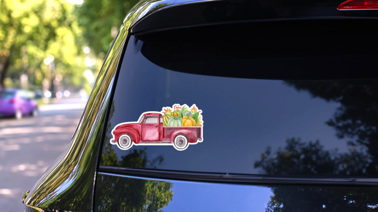 Watercolor Retro Truck With Harvest Pumpkin Vegetables Sticker on a Rear Car Window (New) example