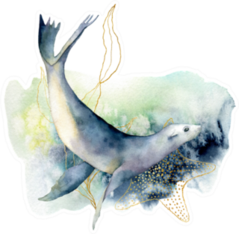 Watercolor Sea Lion And Seaweed Composition Sticker