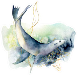 Watercolor Sea Lion And Seaweed Composition Sticker