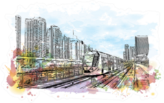 Watercolor Splash With Sketch Of Tram Train Dubai Sticker