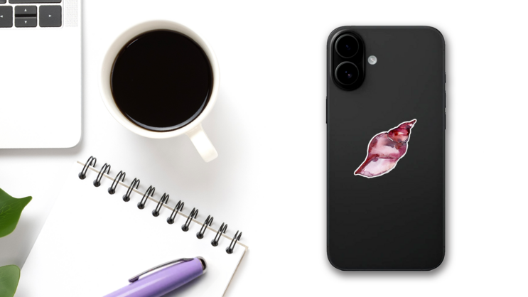 Watercolor Summer Beach Seashell Maroon Sticker on a Phone (New) example