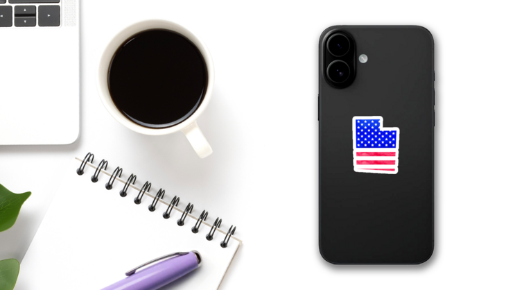 Watercolor Utah State Map With Usa Flag Sticker on a Phone (New) example