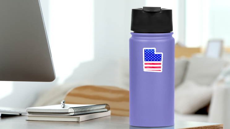 Watercolor Utah State Map With Usa Flag Sticker on a Water Bottle (New) example