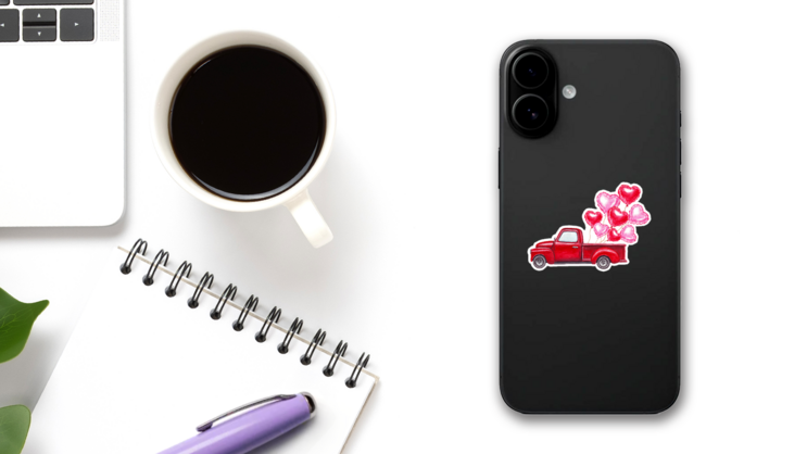 Watercolor Valentines Day Red Truck With Heart Balloons Sticker on a Phone (New) example