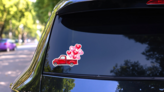 Watercolor Valentines Day Red Truck With Heart Balloons Sticker on a Rear Car Window (New) example