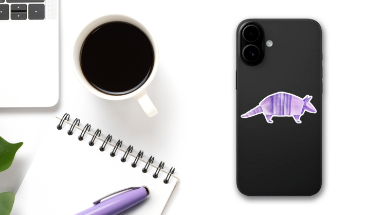 Watercolour Drawing Of Origami Armadillo In Purple Sticker on a Phone (New) example