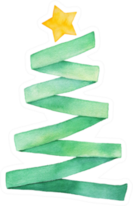 Watercolour Illustration Of Green Ribbon Christmas Tree Sticker