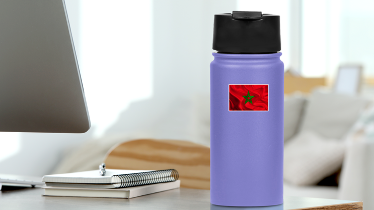 Waving Fabric Flag Of Morocco Sticker on a Water Bottle (New) example