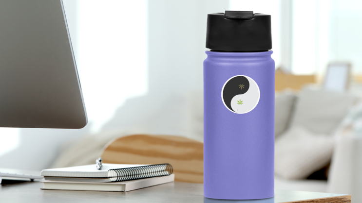 Weed Yin And Yang Symbol Sticker on a Water Bottle (New) example