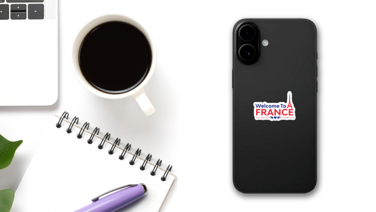Welcome To France Lettering Logo Sticker on a Phone (New) example