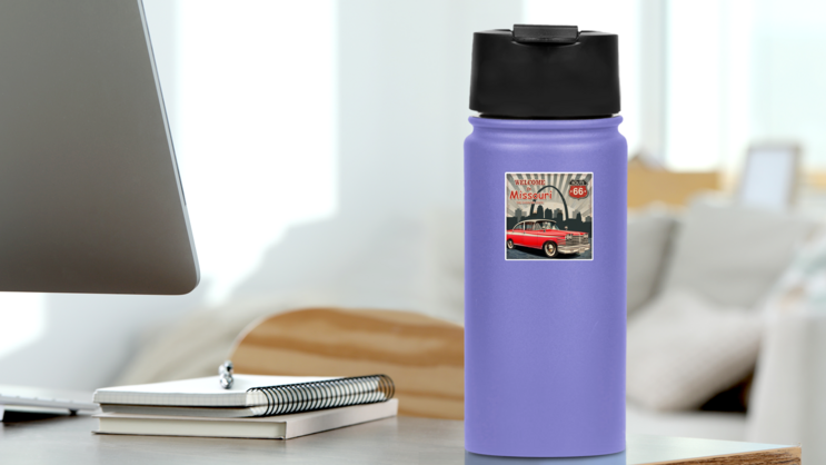 Welcome To Missouri Retro Car Poster Sticker on a Water Bottle (New) example