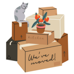 Were Moving Sticker with Cat Plant and Cardboard Boxes