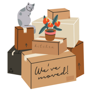 Were Moving Sticker with Cat Plant and Cardboard Boxes