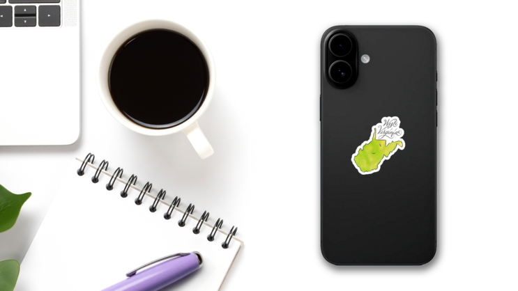 West Virginia Detailed Illustration Map Lettering Sticker on a Phone (New) example