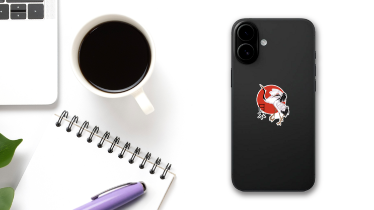 White Cranes Against Red Stylized Sun Sticker on a Phone (New) example
