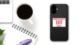 White Emergency Exit Only Sign Sticker on a Phone (New) example