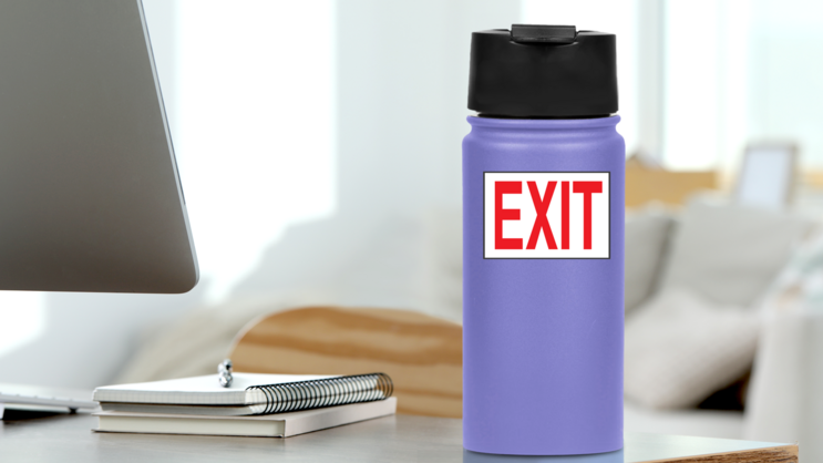 White Exit Sign Sticker on a Water Bottle (New) example
