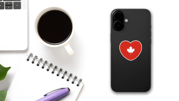 White Maple Leaf In Heart Sticker on a Phone (New) example