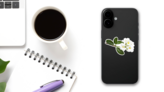 White Plumeria Flowers And Leaves On Branch Sticker on a Phone (New) example