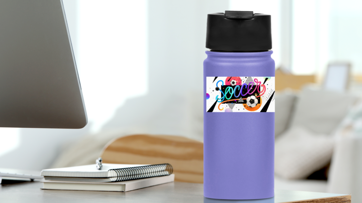 White Soccer Banner Sticker on a Water Bottle (New) example