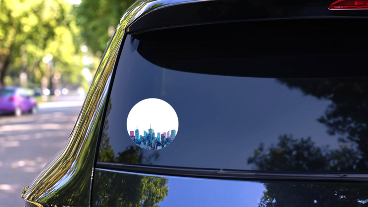 White Windows On Hand Drawn City Skylines Blue Cityscape Sticker on a Rear Car Window (New) example