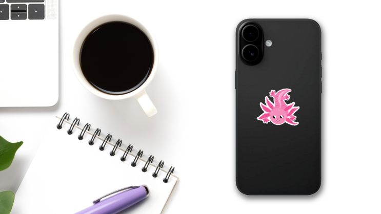Wild Pink Axolotl Sticker on a Phone (New) example