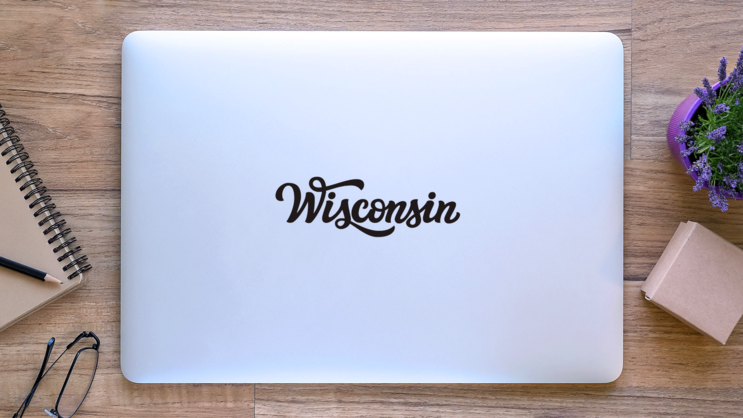 Wisconsin Calligraphy Sticker on a Laptop (New) example