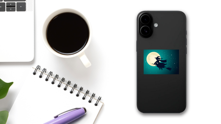 Witch Flying in Night Sky Sticker on a Phone (New) example