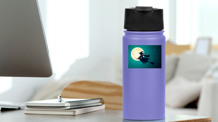 Witch Flying in Night Sky Sticker on a Water Bottle (New) example
