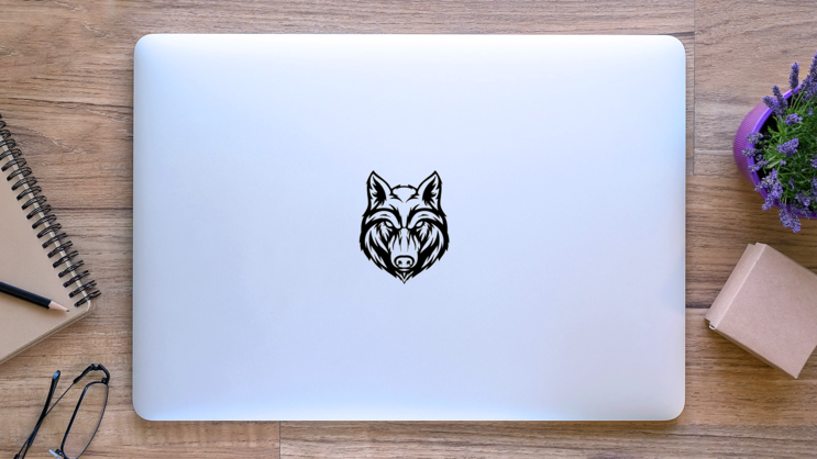 Wolf Head Angry Face Sticker on a Laptop (New) example