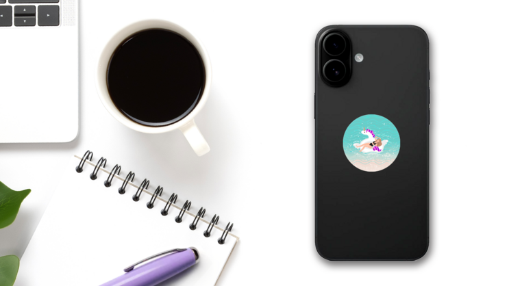 Woman On Beach In Unicorn Float Sticker on a Phone (New) example
