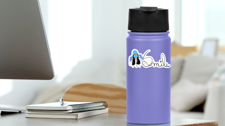 Woman Wearing A Mask And The Text Smile Written In Cursive Sticker on a Water Bottle (New) example