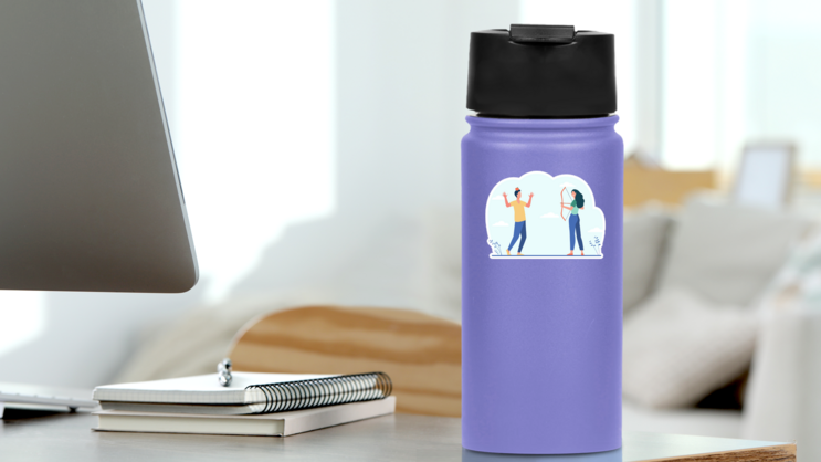 Woman With Bow Aiming Arrow At Apple On Mans Head Sticker on a Water Bottle (New) example