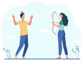 Woman With Bow Aiming Arrow At Apple On Mans Head Sticker