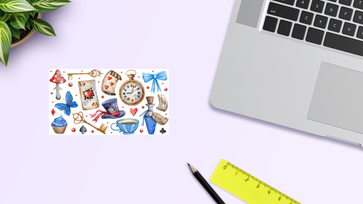 Wonderland Sticker Sheet on a Desk (New) example