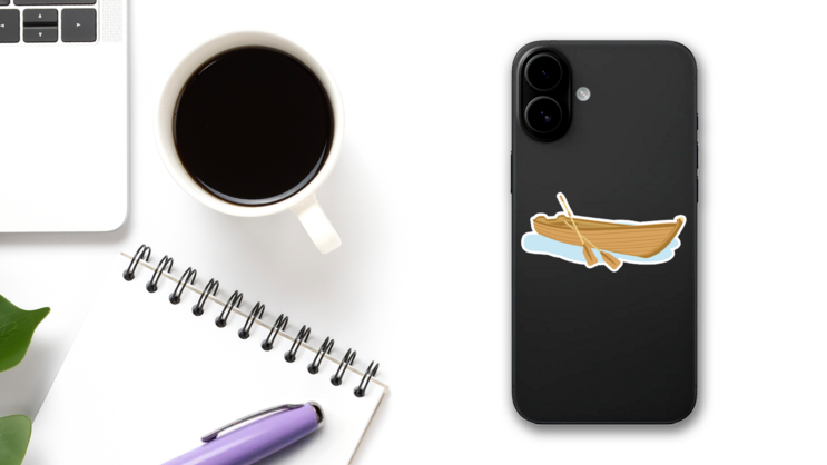 Wooden Boat With Oars Illustration Sticker on a Phone (New) example