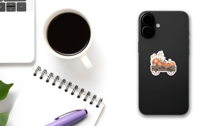 Wooden Cart With Pumpkins Watercolor Autumn Sticker on a Phone (New) example