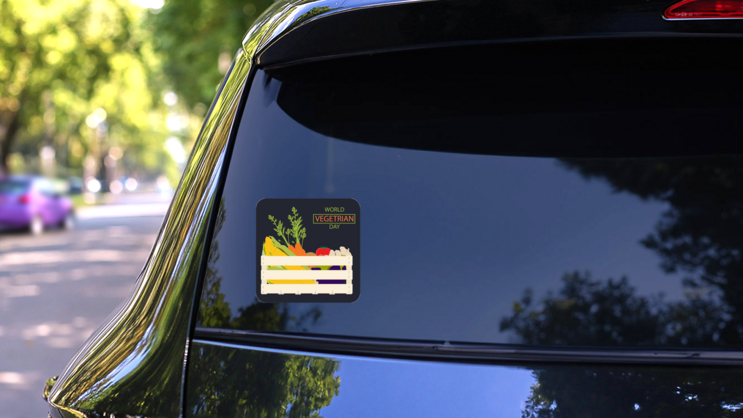 World Vegetarian Day Vegetable Basket Black Background Sticker on a Rear Car Window (New) example
