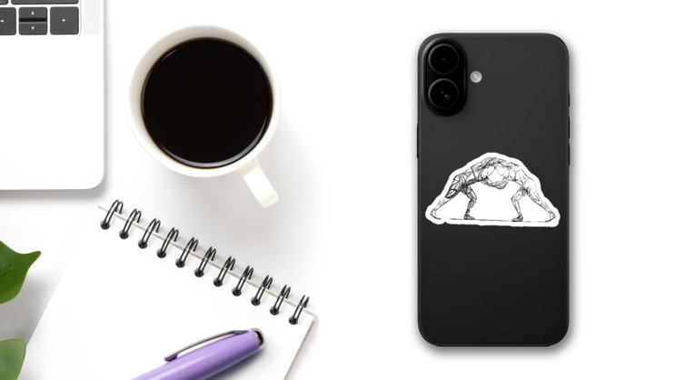 Wrestling Coach Two Stylized Athletes Sketch Sticker on a Phone (New) example