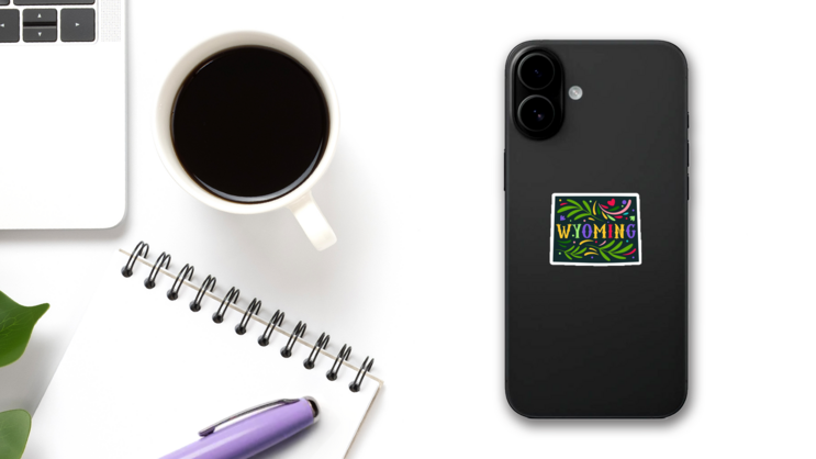Wyoming State Map With Doodle Decorative Ornaments Sticker on a Phone (New) example