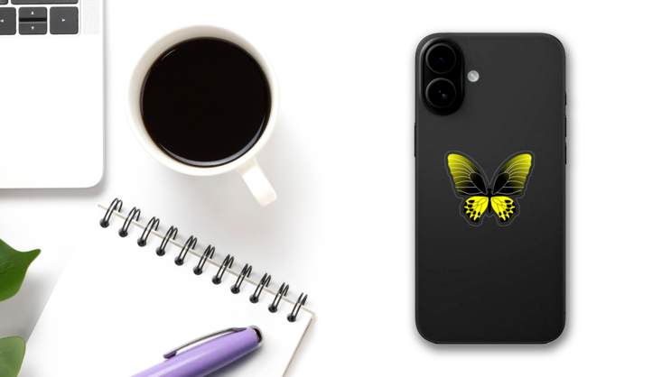 Yellow And Black Butterfly Sticker on a Phone (New) example